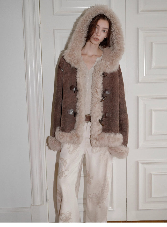 Fireladyfur Women's Shearling Coat - Drop Shoulder Hooded Merino Wool
