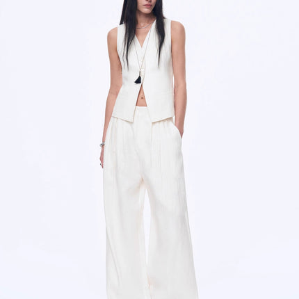 Fireladyfur Women's Linen Suit Set: Draped Vest & High-Waist Straight