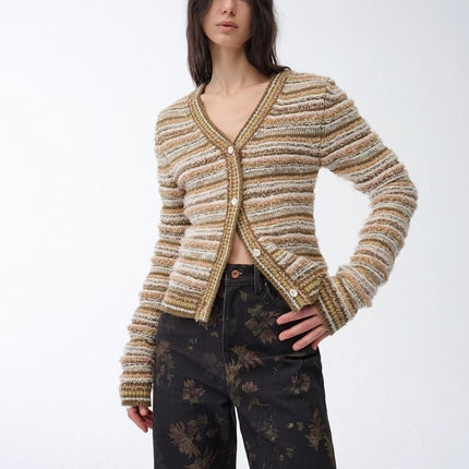 "Nice Weekend" striped mixed woven V-neck early spring layered knitted