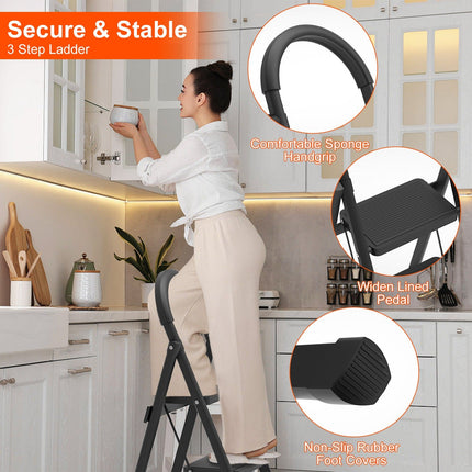 1Pc 3Step Foldable Ladder With Wide Anti-Slip Pedal Safety Locking