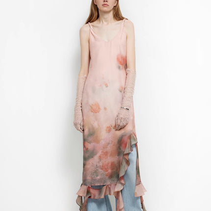 Acetate Mulberry Silk V-Neck Ruffled Draped Twist Strap Summer Dress