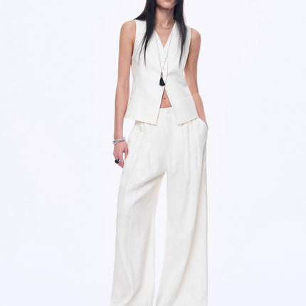 Fireladyfur Women's Linen Suit Set: Draped Vest & High-Waist Straight