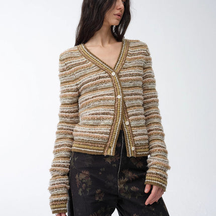 "Nice Weekend" striped mixed woven V-neck early spring layered knitted