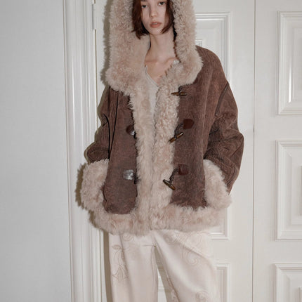 Fireladyfur Women's Shearling Coat - Drop Shoulder Hooded Merino Wool