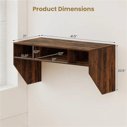 Rustic Brown Wall-Mounted Floating Computer Desk With 3-Cube Storage,