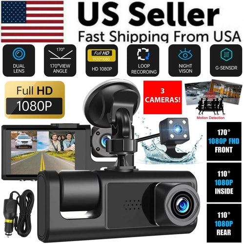 Car Dual Lens Dash Cam HD 1080P Front Rear Inside Video Recorder