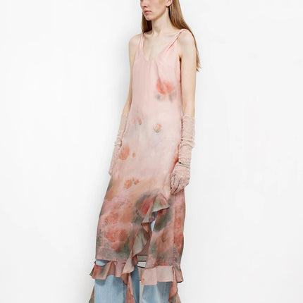 Acetate Mulberry Silk V-Neck Ruffled Draped Twist Strap Summer Dress
