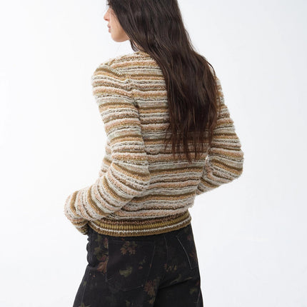 "Nice Weekend" striped mixed woven V-neck early spring layered knitted