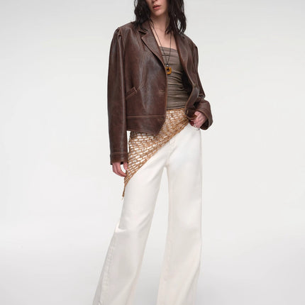 New Zealand imported waxed sheepskin distressed short leather jacket