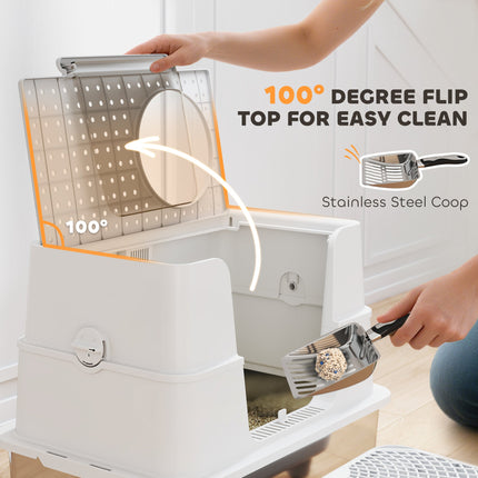 XL Stainless Steel Litter Box w/ 100° Flip Top, Scoop, Step, Top &