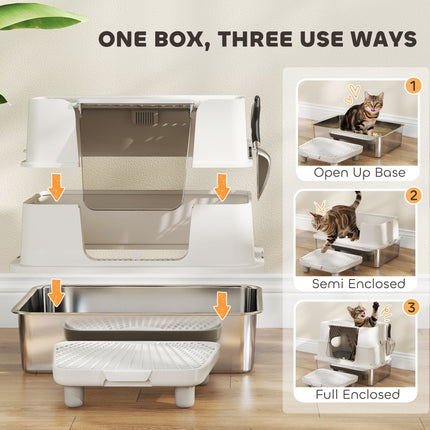 XL Stainless Steel Litter Box w/ 100° Flip Top, Scoop, Step, Top &