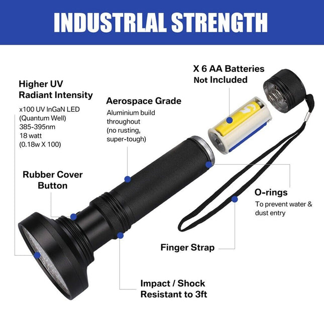 UV Ultraviolet Light 100 LED Flashlight BlackLight 395nM Inspection