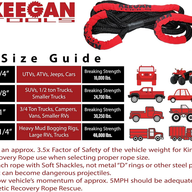 KEEGAN TOOLS 1.25"x30' Kinetic Energy Recovery Rope 46000 lbs Tow Rope