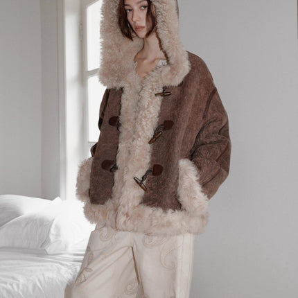 Fireladyfur Women's Shearling Coat - Drop Shoulder Hooded Merino Wool