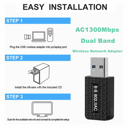 1300Mbps USB3.0 Wireless WiFi Adapter Dongle Dual Band 5G/2.4G Desktop