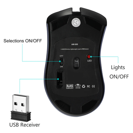 Wireless Mouse Gaming Rechargeable Optical Mouse Cordless 7 Color LED