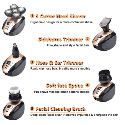 5-in-1 Rotary Electric Shaver 4D Rechargeable Bald Head Hair Beard