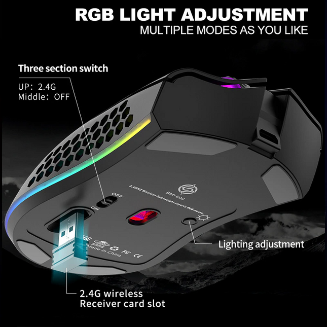 Wireless Mouse Gaming Rechargeable Optical Mouse Cordless 7 Color LED