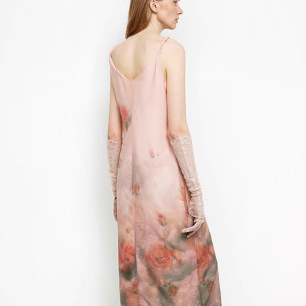 Acetate Mulberry Silk V-Neck Ruffled Draped Twist Strap Summer Dress