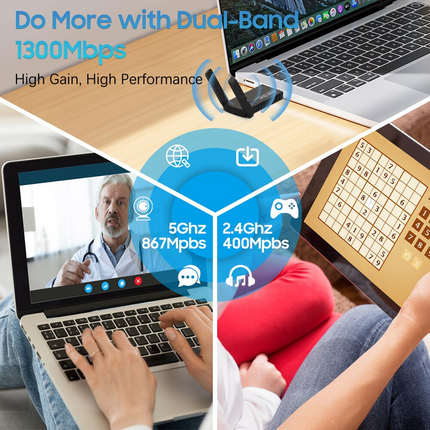 USB 3.0 Wireless WIFI Adapter 1300Mbps Long Range Dongle Dual Band