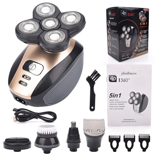 5-in-1 Rotary Electric Shaver 4D Rechargeable Bald Head Hair Beard