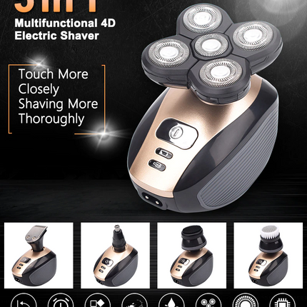 5-in-1 Rotary Electric Shaver 4D Rechargeable Bald Head Hair Beard