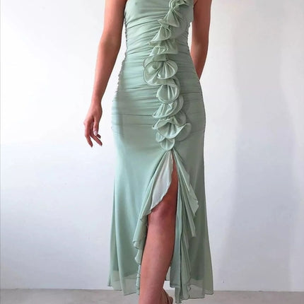 Stylish One-Shoulder Ruffle : Slit Dress