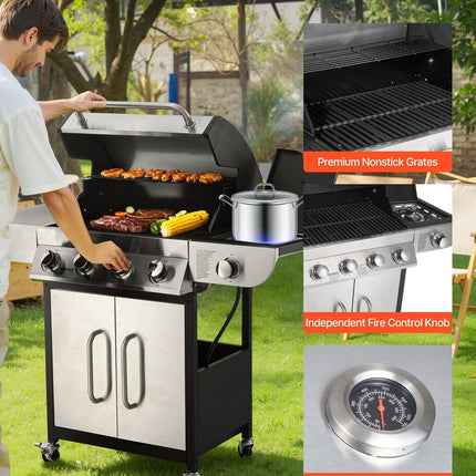 Gas Grill, 4 Burner Propane Gas Grill With Side Burner, 425 SQ.In