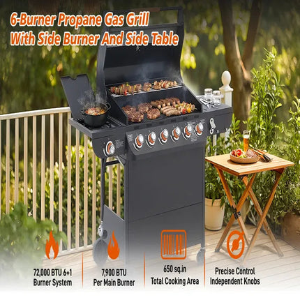 6 Burner BBQ Propane Gas Grill With Side Burner 72000 BTU Output