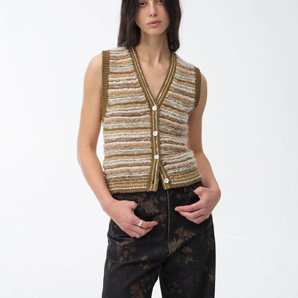 "Nice Weekend" striped mixed woven V-neck early spring layered knitted