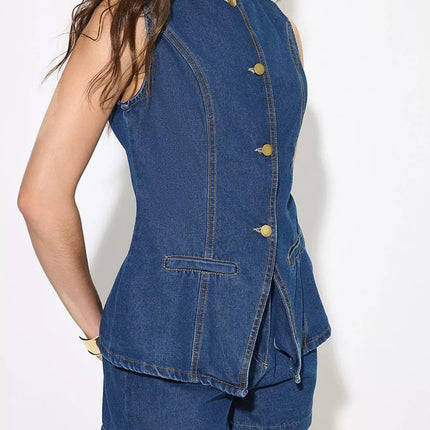 Button Up Sleeveless Denim Top and Shorts Set