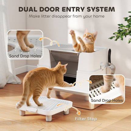 XL Stainless Steel Litter Box w/ 100° Flip Top, Scoop, Step, Top &