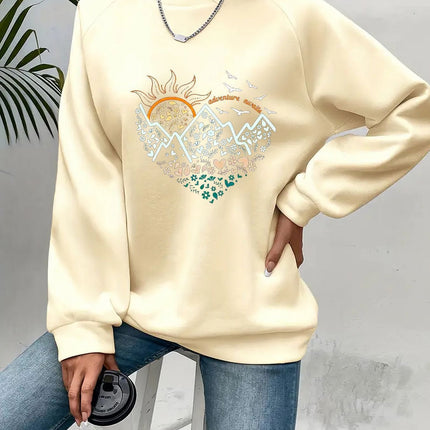 Casual Heart Print Crew Neck Pullover Sweatshirt - Soft Slightly