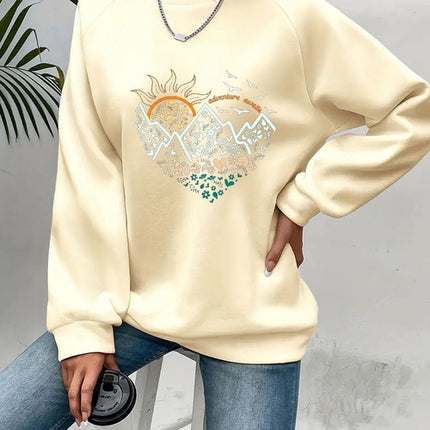 Casual Heart Print Crew Neck Pullover Sweatshirt - Soft Slightly