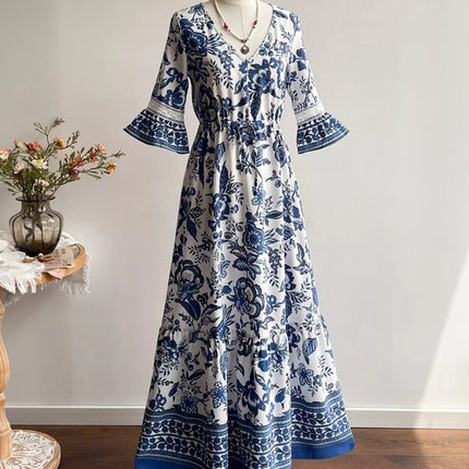 Floral Print V-Neck Flounce Sleeve Dress
