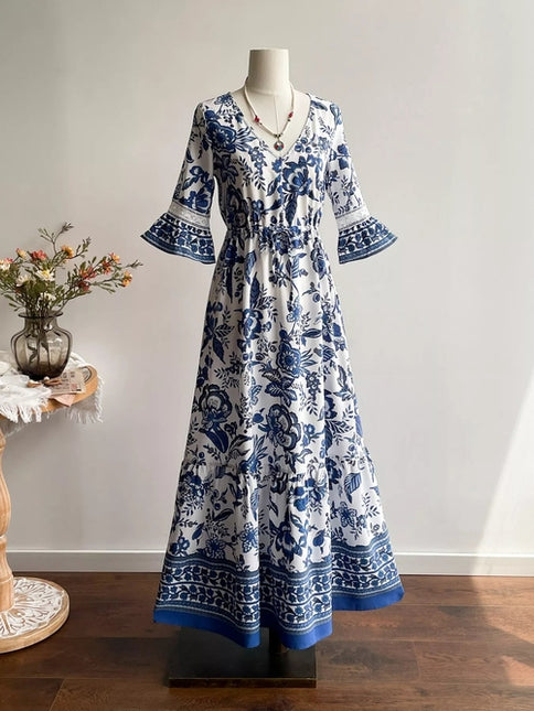 Floral Print V-Neck Flounce Sleeve Dress