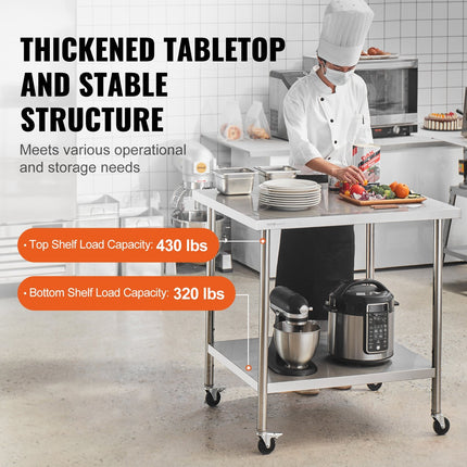 Stainless Steel Work Table 24 X 36 X 38 Inch, With 4 Wheels, 3