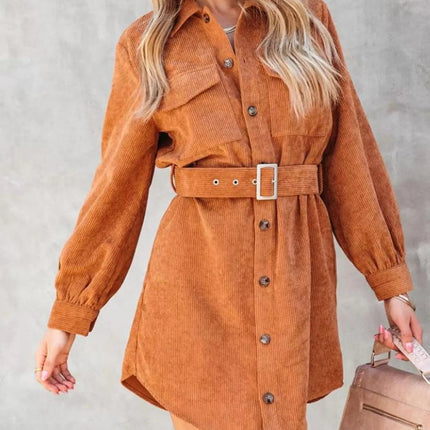 Stylish Button Front Belt Long Sleeve : Corduroy Dress