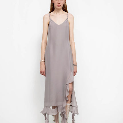 Acetate Mulberry Silk V-Neck Ruffled Draped Twist Strap Summer Dress