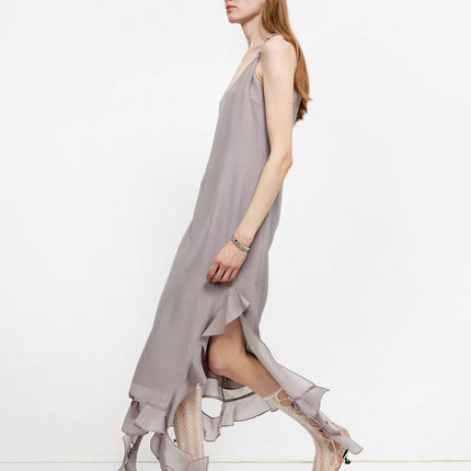 Acetate Mulberry Silk V-Neck Ruffled Draped Twist Strap Summer Dress