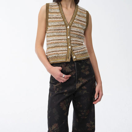 "Nice Weekend" striped mixed woven V-neck early spring layered knitted