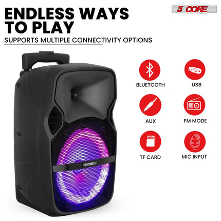 5Core 8 Inch PA Portable Bluetooth Party Speaker Karaoke Boombox + 2