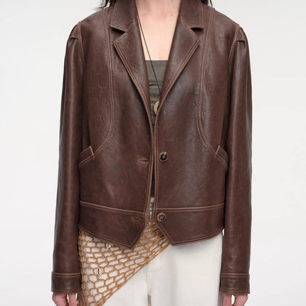 New Zealand imported waxed sheepskin distressed short leather jacket