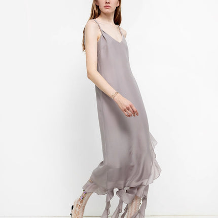 Acetate Mulberry Silk V-Neck Ruffled Draped Twist Strap Summer Dress