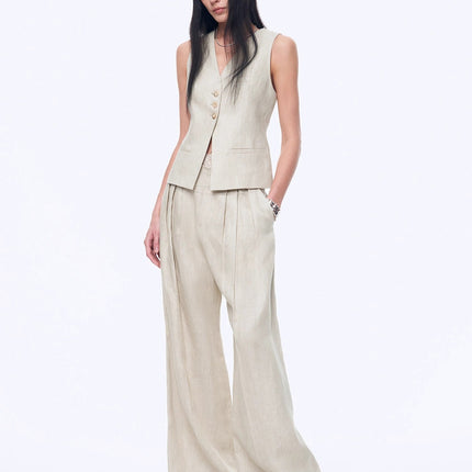Fireladyfur Women's Linen Suit Set: Draped Vest & High-Waist Straight