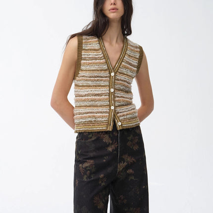 "Nice Weekend" striped mixed woven V-neck early spring layered knitted