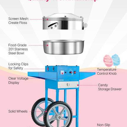 Commercial Cotton Candy Machine With Cart Sugar Floss Maker 1000W For