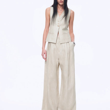 Fireladyfur Women's Linen Suit Set: Draped Vest & High-Waist Straight
