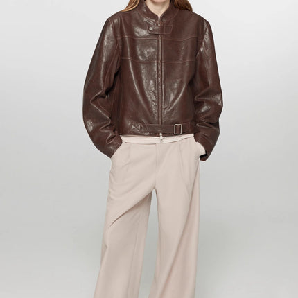 Retro Sheepskin Stand Collar Short Motorcycle Jacket “Caramel