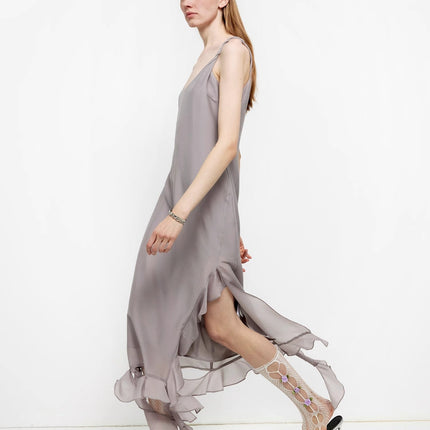 Acetate Mulberry Silk V-Neck Ruffled Draped Twist Strap Summer Dress